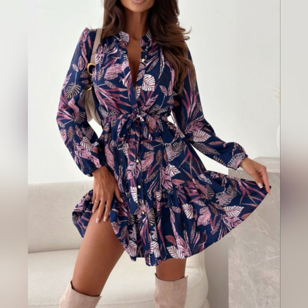 Petal Drift Long Sleeve Dress - Navy - Picture 4 of 4